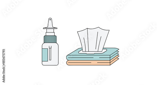 Nasal spray bottle and tissues, cold remedy concept, healthcare, copy space