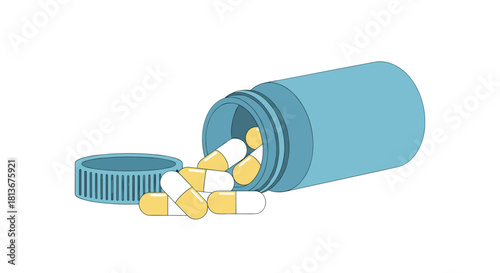 Spilled yellow and white capsules from a blue pill bottle on a white background