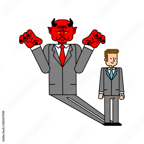 Small businessman standing under the shadow of a large devil/demon figure. Concept for temptation, risk, corruption, or power imbalance.