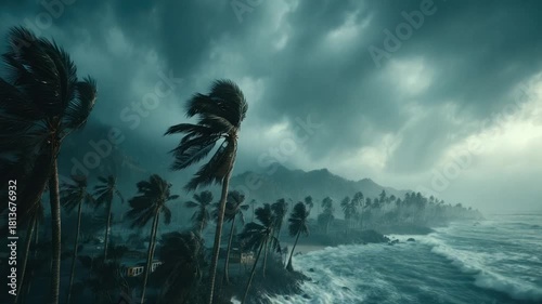 Tropical storm ravages a coastal area.  Palm trees bend in a fierce wind, with heavy waves crashing against the shoreline, under a stormy sky