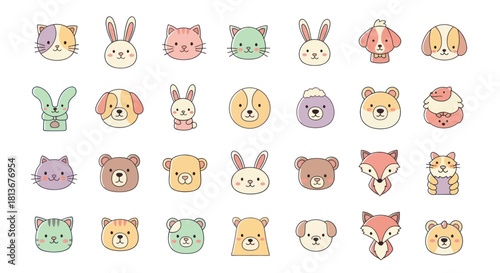 Collection of colorful cartoon animal faces for design and decoration