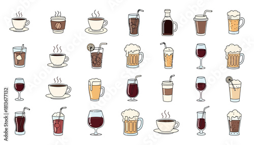 Bild auf Leinwand Collection of various hot and cold beverage icons including coffee, beer, and wi