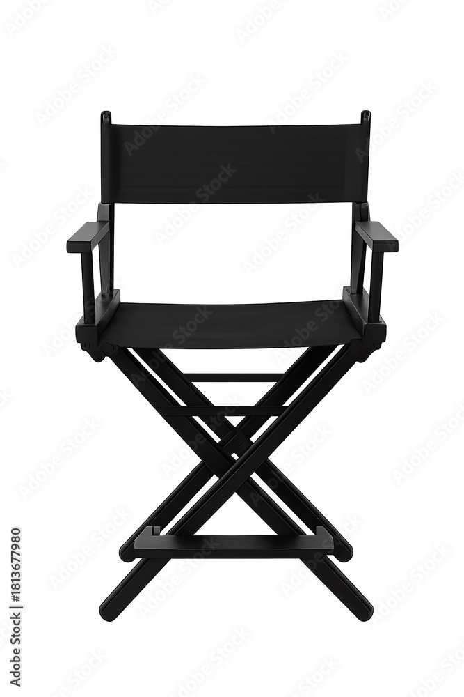 Fototapeta premium Monochrome Director's Chair Still Life: A Study in Shadow and Form | Black Folding Chair Photography | Minimalist Furniture Design | Studio Equipment | Filmmaking Aesthetic | Stage Prop Imagery
