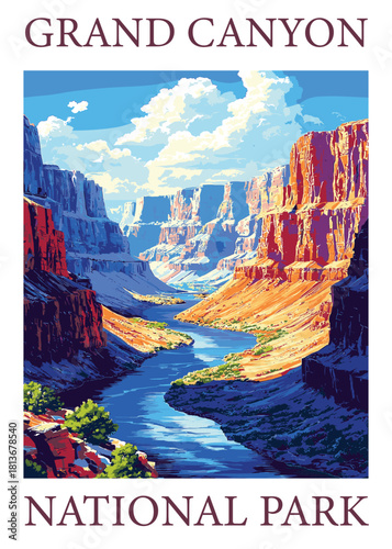 Grand Canyon National Park vintage vector poster illustration showing the steep canyon walls framing the flowing Colorado River below.