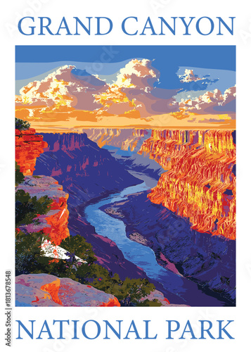 Grand Canyon National Park vintage vector poster illustration featuring the Colorado River winding through dramatic canyon walls at sunrise.