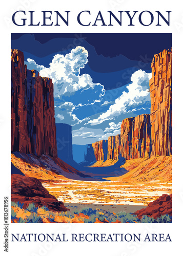 Dramatic vector illustration in vintage WPA poster style of Glen Canyon National Recreation Area, showcasing rugged canyon walls.