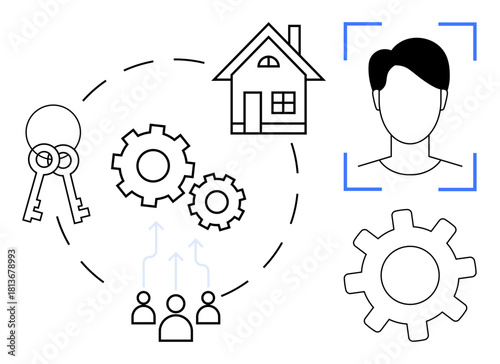House and keys represent access gears for process, user profile for identity, arrows connect people. Ideal for security, technology, authentication, homeownership, teamwork, systems data integrity