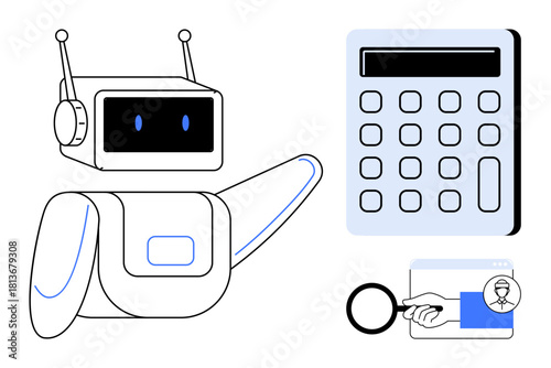 Robot pointing at calculator with magnified hand inspecting user identification via an online platform. Ideal for automation, technology, AI assistance, online security, digital identity, machine