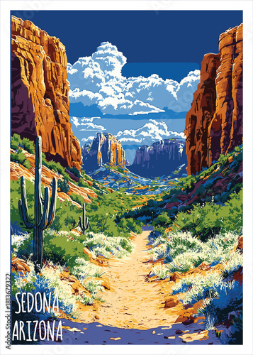 Sedona Arizona vector illustration showing a desert hiking trail through a red rock canyon with Saguaro cactus.