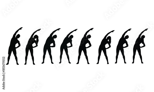 Silhouettes of diverse people performing side bend stretches.