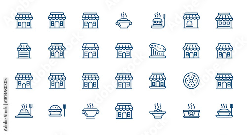Collection of commercial buildings and food icons set in line art style