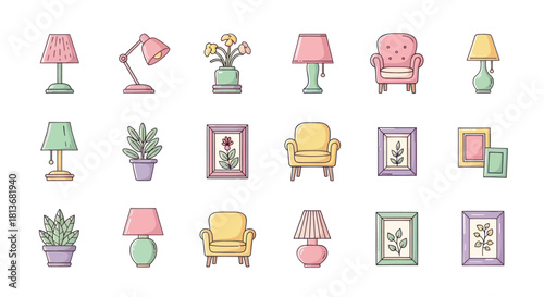 Collection of decorative furniture and accessories icons on white background