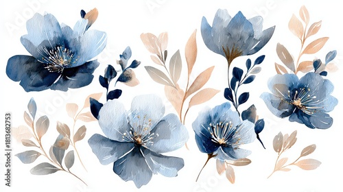 Wallpaper Mural Watercolor Floral Illustration Featuring Blue Flowers And Golden Leaves On White Background Torontodigital.ca