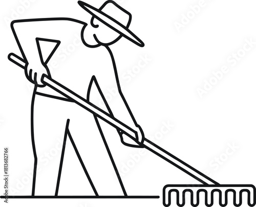 Farmer raking ground with straw hat on white background