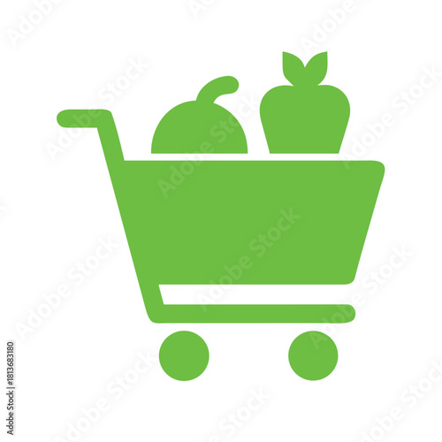Shopping cart with bags and fruits flat icon silhouette
