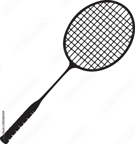 A black and white silhouette of a badminton racket