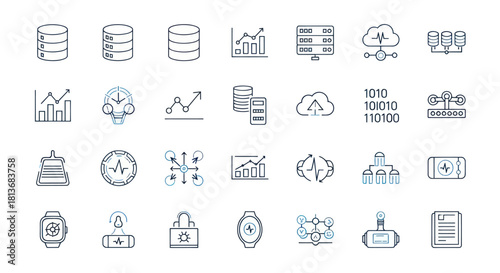 Collection of digital technology icons for data analysis and processing