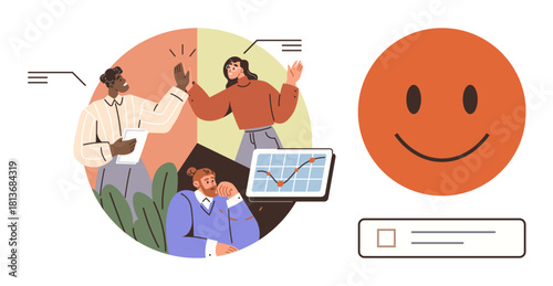 Professionals engaging in teamwork, celebrating success, analyzing a rising graph. Ideal for productivity, business growth, motivation, collaboration, success progress communication themes. A