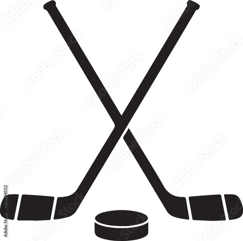 A vector illustration of two crossed hockey sticks and a puck