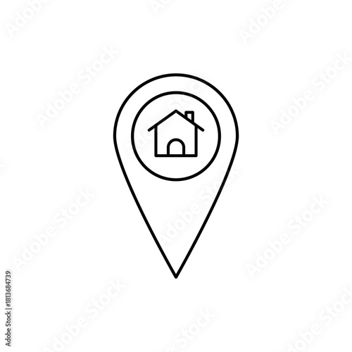 Home location map pin icon line art symbol for address, realty, navigation, and residence tracking.
