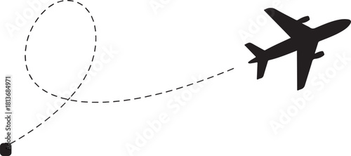Airplane line path vector icon of air plane flight route