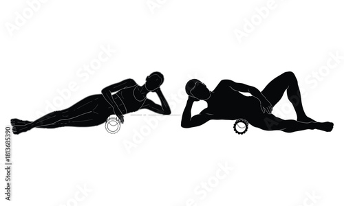 People foam rolling outer thigh and hip for muscle recovery and care