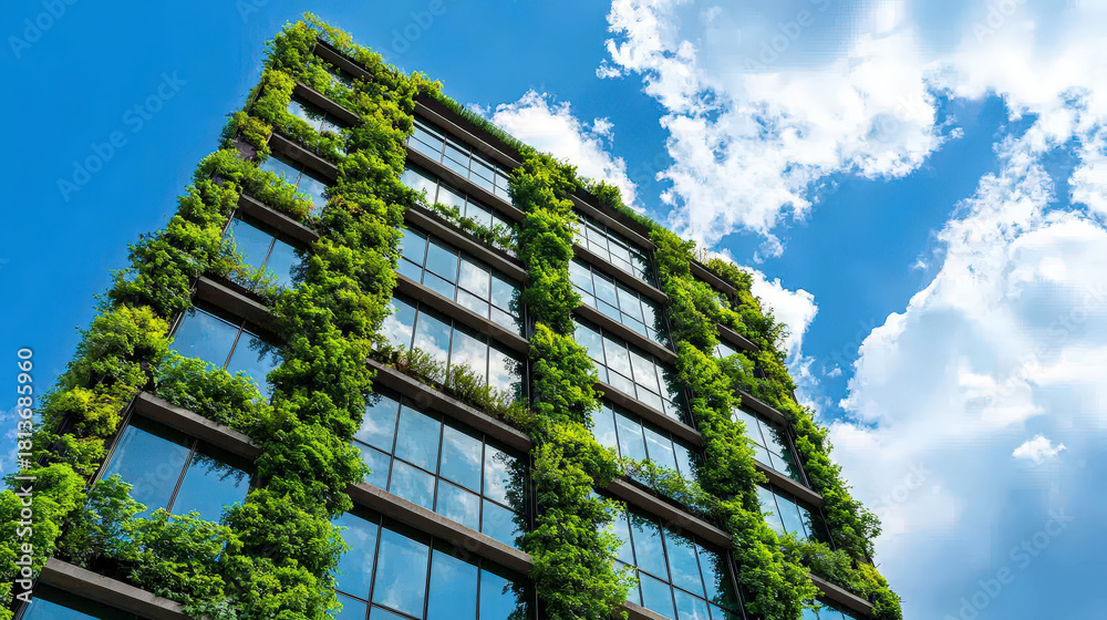 Fototapeta premium Vertical office building covered in vertical green plants and reflective glass windows under bright blue sky, vibrant eco friendly urban facade