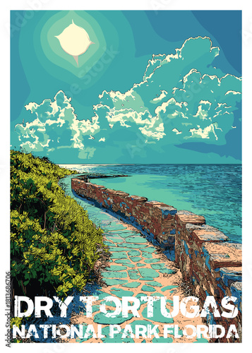 Vector illustration of a scenic stone walkway and retaining wall along the coast of Dry Tortugas National Park, Florida, overlooking the vibrant turquoise ocean.