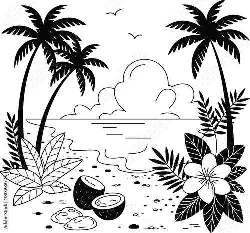 Black and white illustration of a tropical beach scene with palm trees and coconuts ocean water