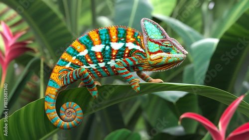A photorealistic digital art of a vibrant chameleon perched on a large tropical leaf.