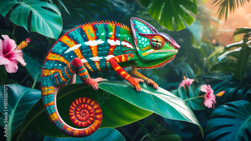 A photorealistic digital art of a vibrant chameleon perched on a large tropical leaf.