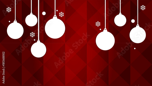 Red Christmas Holiday Background with Hanging Ornament Silhouettes and Snowflake Elements for Festive Poster Template and Seasonal Design