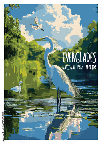 Great Egret wading in the marsh water of Everglades National Park, Florida, detailed vintage style vector illustration travel poster.