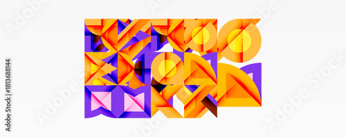 Abstract geometric shapes overlap, creating vibrant orange, purple composition. Modern design, dynamic texture, visual complexity.
