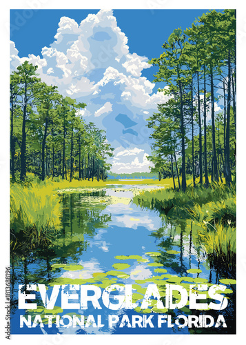 Everglades National Park, Florida, vintage vector illustration travel poster of a quiet wetland canal framed by cypress trees and grassy banks.
