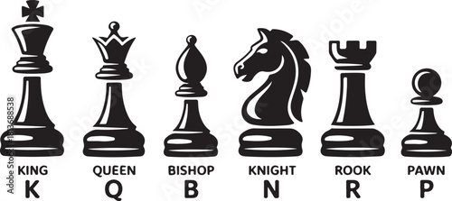 Chess piece icons with name. Board game. Black silhouettes isolated on white background. Vector illustration