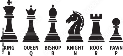 Chess piece icons with name. Board game. Black silhouettes isolated on white background. Vector illustration