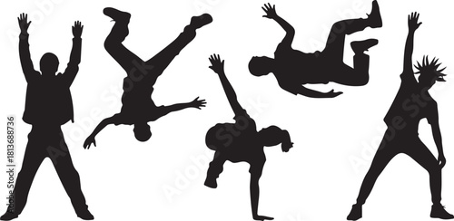 Children dancing street dance silhouette vector illustration. Hip hop, break dance, juzz funk, rap, freestyle