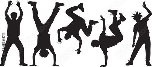 Children dancing street dance silhouette vector illustration. Hip hop, break dance, juzz funk, rap, freestyle
