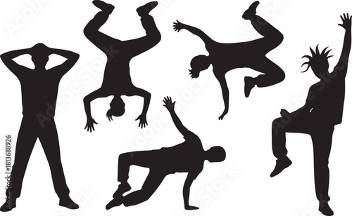 Children dancing street dance silhouette vector illustration. Hip hop, break dance, juzz funk, rap, freestyle