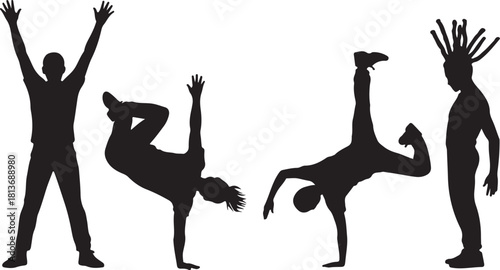 Children dancing street dance silhouette vector illustration. Hip hop, break dance, juzz funk, rap, freestyle