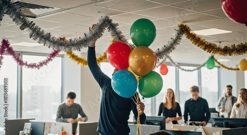 Celebrating new year office decoration with balloons and colleagues in spacious office, celebrating new year with streamers. New year office decoration embodies team spirit and festive mood.