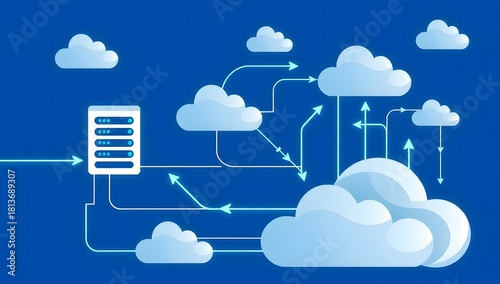 A modern vector depiction of cloud computing with server blocks cloud icons and flowing data lines representing digital storage and technology systems