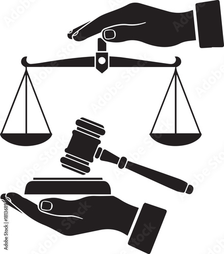Symbolic image of justice scales gavel and hands representing human rights and law