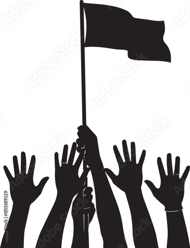 Many hands holding up a black flag in solidarity for human rights day celebration