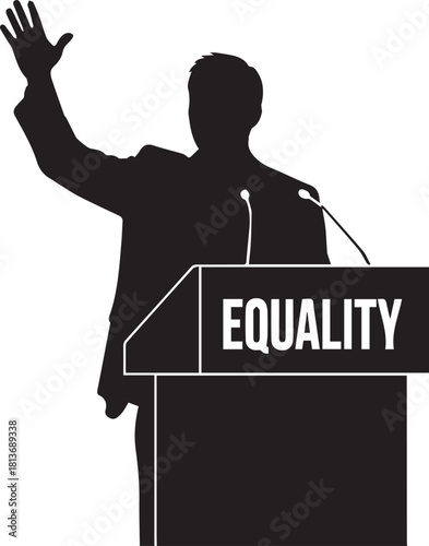 Silhouette of a person at a podium with 'equality' sign raising hand in support of human rights