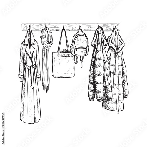 Hand drawn vector sketch of coat rack on wall. Row of hooks with hanging clothes, jackets, coats, backpack and bags. Hallway interior design illustration doodle.
