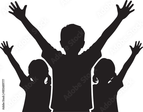 Diverse children silhouettes celebrate human rights day joyfully raising arms high