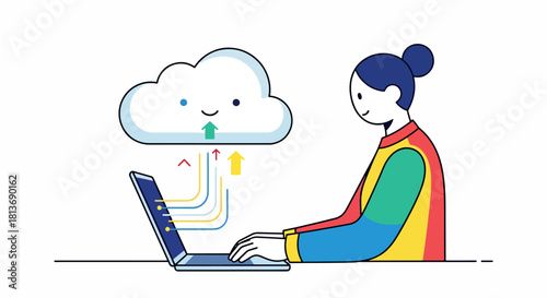 Woman Uploading Data to Cloud Storage with Laptop | Cloud Computing & Digital Information Transfer