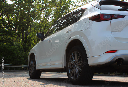 Stock photo from a low angle of a car parked on a U-turn area on a modern highway with a metal barrier

